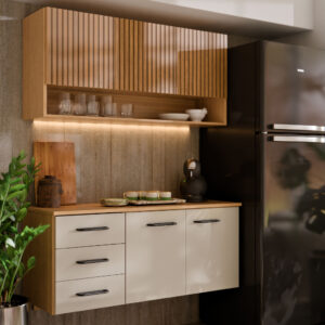 Armário de Cozinha Eliza com Balcão Aéreo 3 Gavetas Telescópicas Ripado 3D MDF MDP Moderno Compacto - Ripado 3D Off White