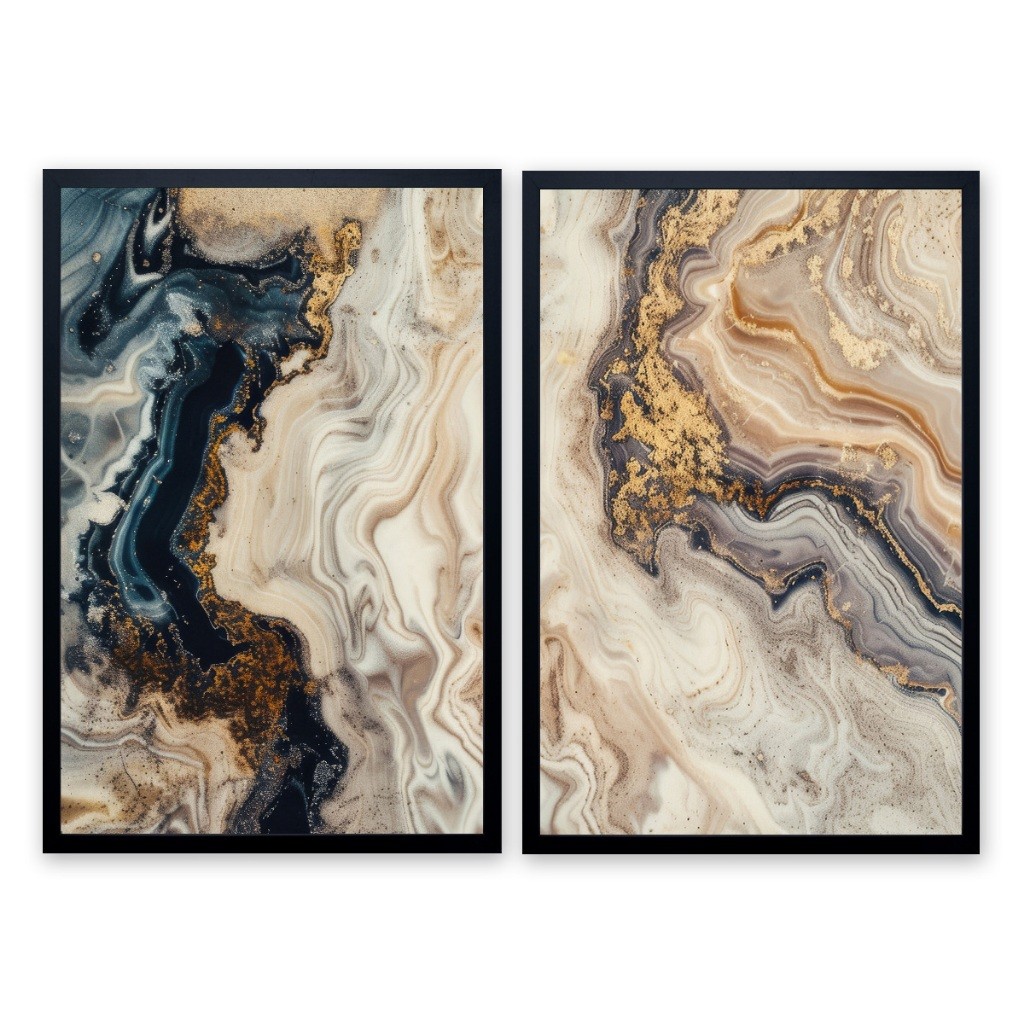 Quadro Abstrato Mármore Azul e Dourado 2 Telas (Díptico) | Decoração Luxo Sala