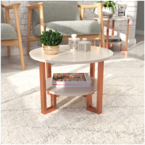 Mesa De Centro 2 Tampos Decorativa Para Sala Com Pés em Rosé Gold - Off-White