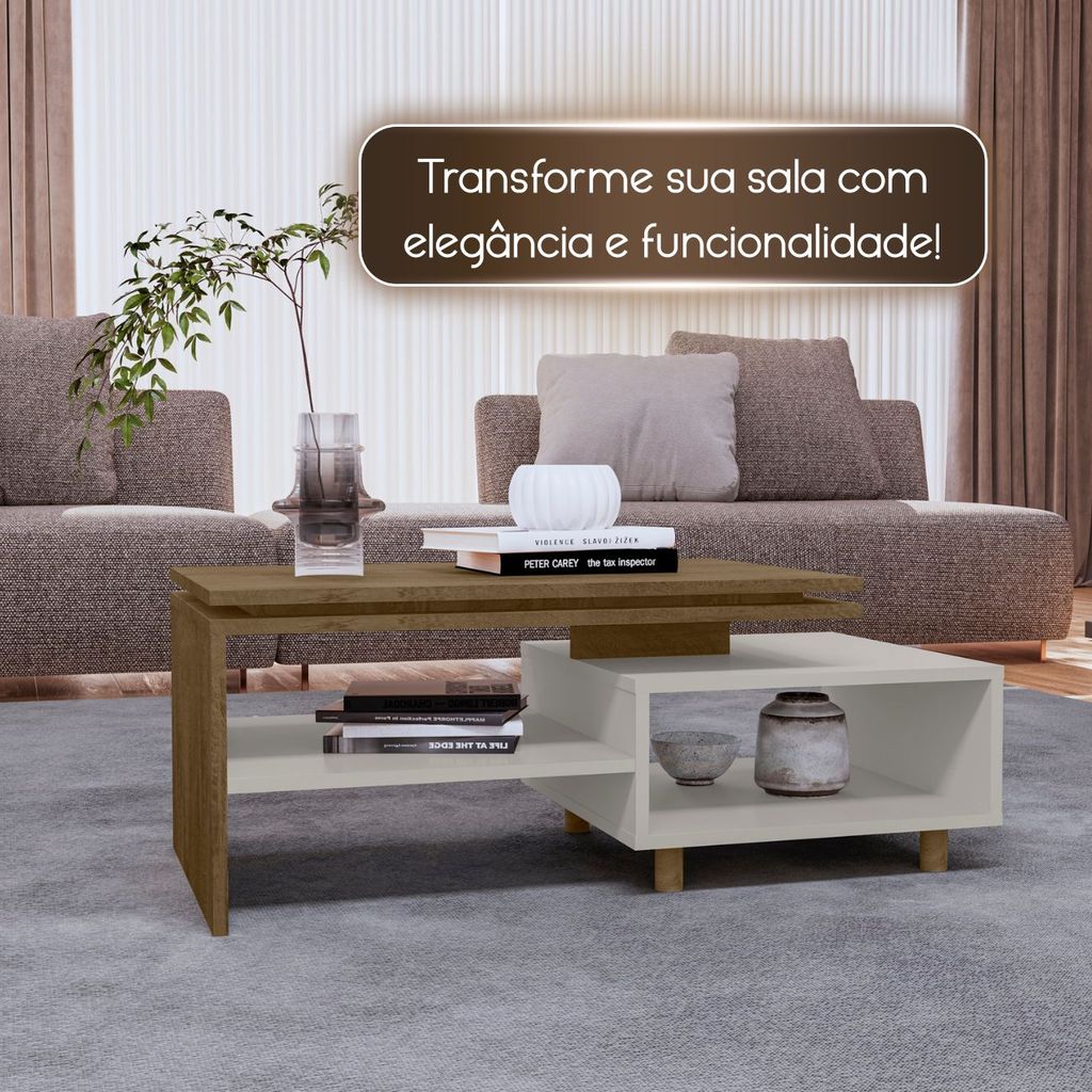 Mesa Centro Sala Retangular Tampo Duplo Pés Madeira Maciça Design Moderno Luxo Compacta