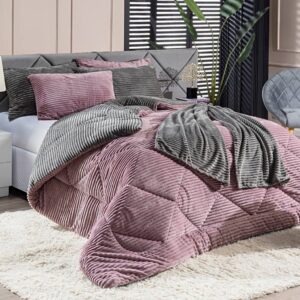 Kit Coberdrom KING 03 Peças Edredom Cobertor Dupla Face Canelado Denver Manta Quente com Fronhas - Rosê