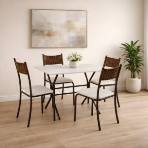 Conjunto Jogo Mesa Retangular 4 Cadeiras Junco Fibra Sintética Apartamento Pequeno Cozinha Jantar