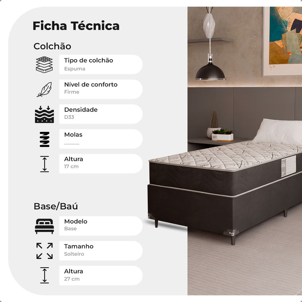 Cama Box Solteiro + Colchão D33 One Face - Suede Preto