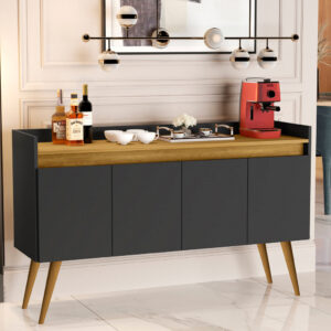 *Aparador Buffet Cantinho Café Sala Jantar Cozinha 4 Portas Puxador Embutido Prateleira Interna K7 - Luxo 4 Preto Com Madeirado