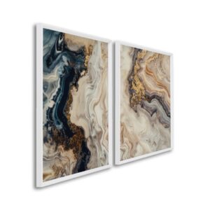 Quadro Abstrato Mármore Azul e Dourado 2 Telas (Díptico) | Decoração Luxo Sala - Branco Sem vidro 60x90