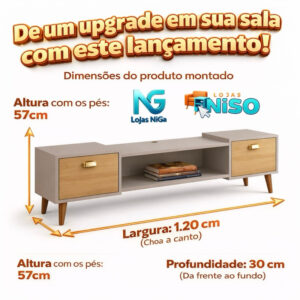 Rack Bancada Studio Leão 1.80cm Tv 75pol e 1.20 com pés Tv 50pol Home com 2 Portas - Lançamento Mirassol