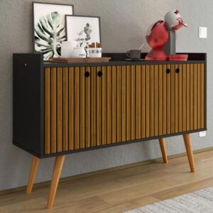 Aparador Buffet Retrô 4 Portas Cantinho do Café / Sala de Estar Organizador de Cozinha Balcão Dallas - Preto Ripado