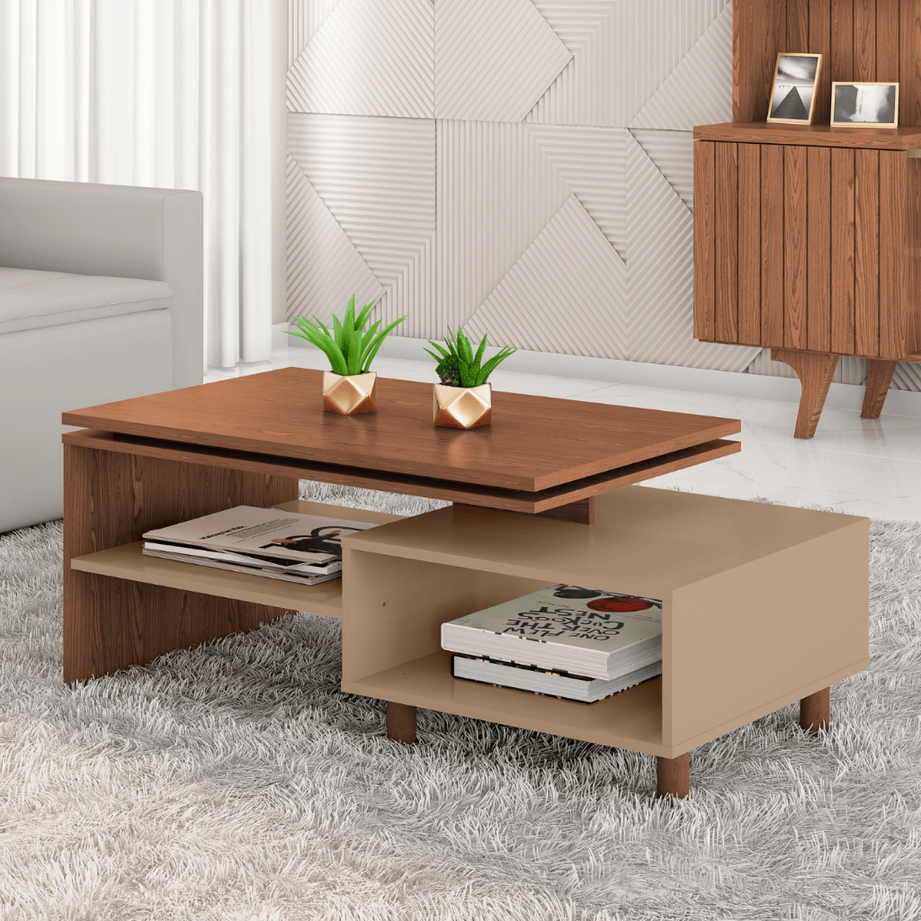 Mesa Centro Sala Retangular Tampo Duplo Pés Madeira Maciça Design Moderno Luxo Compacta