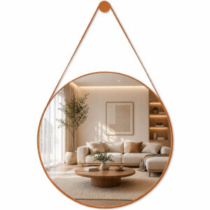 Espelho Adnet Com Alça Couro Redondo Decorativo Várias Tamanhos + Suporte - Alça Caramelo