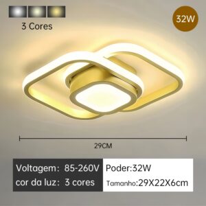 Luminária Plafon Moderno Dourado LED, Para Sala, Quarto, Hall de Entrada, Sala de Estar Bivolt 85-265V - HH250802(29x22x6CM)