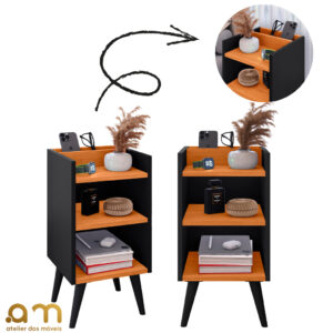 Kit com 2 Mesa de Cabeceira Nicho Organizador, pés retrô em PVC e Porta-Celular Max
