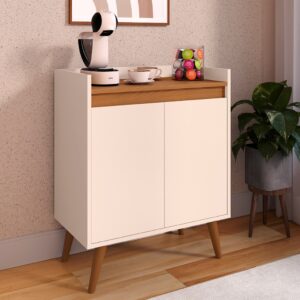 *Aparador Buffet Cantinho Café Sala Jantar Cozinha 4 Portas Puxador Embutido Prateleira Interna K7 - Lívia 2 Off White Com Freijó