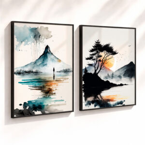 Kit 2 Quadros com Moldura Paisagem Aquarela Montanha Lago Minimalista Natureza Zen - Preta