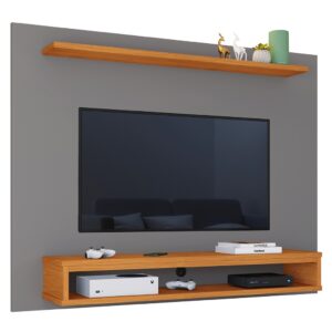Painel Ripado TV Para Sala Com Nicho e Prateleira Espaçosa Organização Elegante Moderna e Resistente - 60" - Cinza/Nature