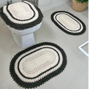 Jogo De Banheiro Em Crochê 3 Peças Vezinho Artesanal - Verde Musgo