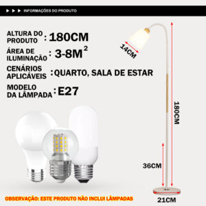 Luminária De Sala e Quarto 180CM Para Leitura Iluminação Ambiente Abajur De Chão Casa e Escritório~ - Branco