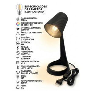 Kit Abajur Luminária De Mesa Luma + Lâmpada Led Retrô 4w 3000k Bivolt