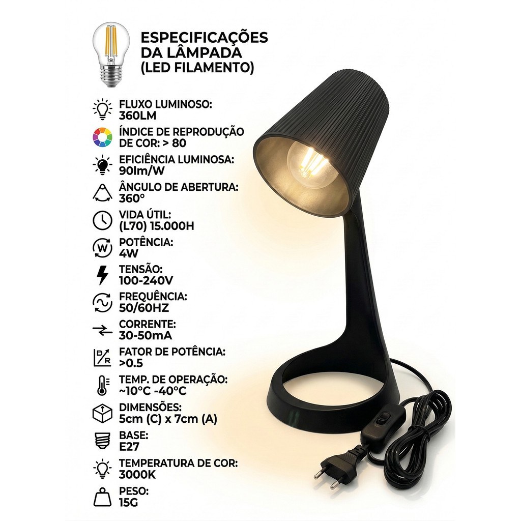 Kit Abajur Luminária De Mesa Luma + Lâmpada Led Retrô 4w 3000k Bivolt