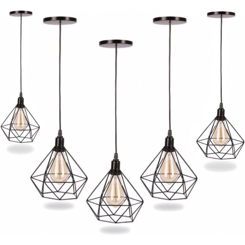 Kit 5 Luminárias de Teto Modelo Diamante Preto Lustre Retro Pendente Industrial