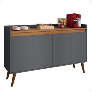 Aparador Buffet Retrô Pés Palito Em Madeira Maciça Esplanada Cantinho Do Café Recepção 2,3,4 Portas - Lívia 4 Cinza Com Freijó