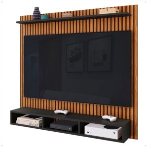Painel Suspenso Rack Para Sala TV até 50 Polegadas Prateleira e Nicho Ideal Quarto Estante Home - Ripado/preto