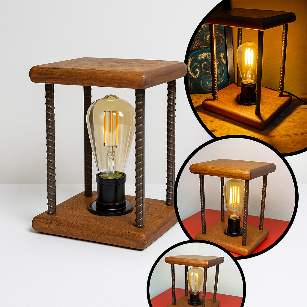 Abajur de Madeira Rústico Industrial de Mesa Bivolt – Decoração Exclusiva com Estilo Retrô