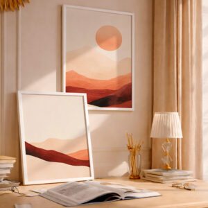Kit 2 Quadros Decorativos com Moldura Paisagem Abstrata Montanhas Sol Minimalista Ton Terrosos Sala