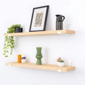 Kit 2 Prateleiras Estilo Industrial com Mão Francesa Invertida Prateleira de Madeira - Madeira Natural,Suporte Branco