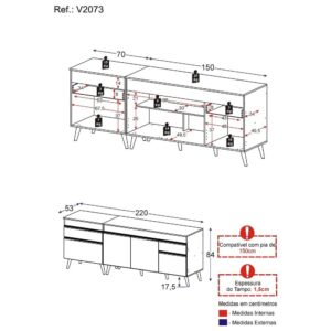 Kit com 2 Balcões de Cozinha 150cm e 70cm Veneza Multimóveis V2073