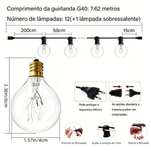 Cordão de 7m/46m Luzes à Prova d'água com Lâmpadas Incandescentes G40 de Perfeito Para Iluminação de Festas no Jardim - 7.62M/12 Lâmpadas + 1 extra