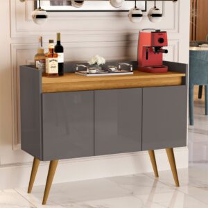 *Aparador Buffet Cantinho Café Sala Jantar Cozinha 4 Portas Puxador Embutido Prateleira Interna K7 - Luxo 3 Cinza Com Madeirado