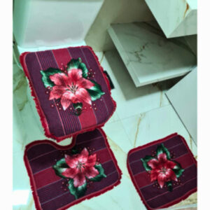 Tapete Para Banheiro Jogo 3 Peças Conjunto Tapetes Toalha Chão Piso Estampas Liso Barato Promoção - VERMELHO ESTAMPADO