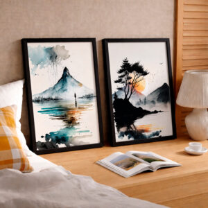 Kit 2 Quadros com Moldura Paisagem Aquarela Montanha Lago Minimalista Natureza Zen