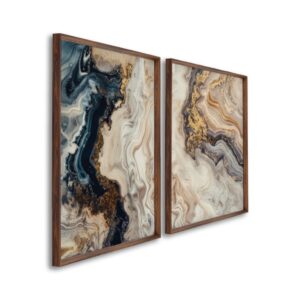 Quadro Abstrato Mármore Azul e Dourado 2 Telas (Díptico) | Decoração Luxo Sala - Tabaco sem vidro 60x90