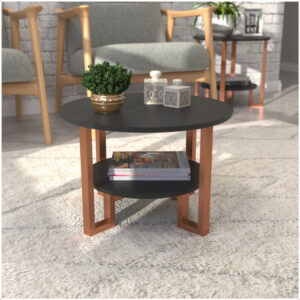 Mesa De Centro 2 Tampos Decorativa Para Sala Com Pés em Rosé Gold - Preto