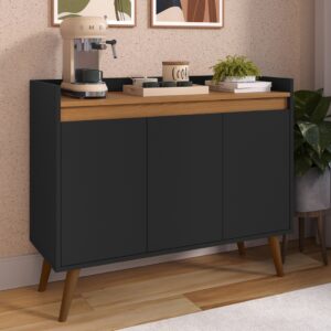 *Aparador Buffet Cantinho Café Sala Jantar Cozinha 4 Portas Puxador Embutido Prateleira Interna K7 - Lívia 3 Preto Com Freijó