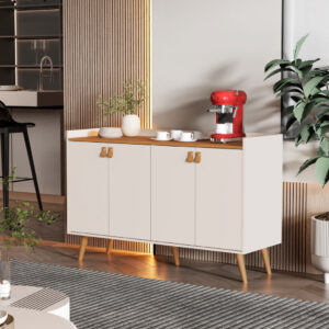 *Aparador Buffet Cantinho Café Sala Jantar Cozinha 4 Portas Puxador Embutido Prateleira Interna K7 - Luana 4 Off White Com Freijó