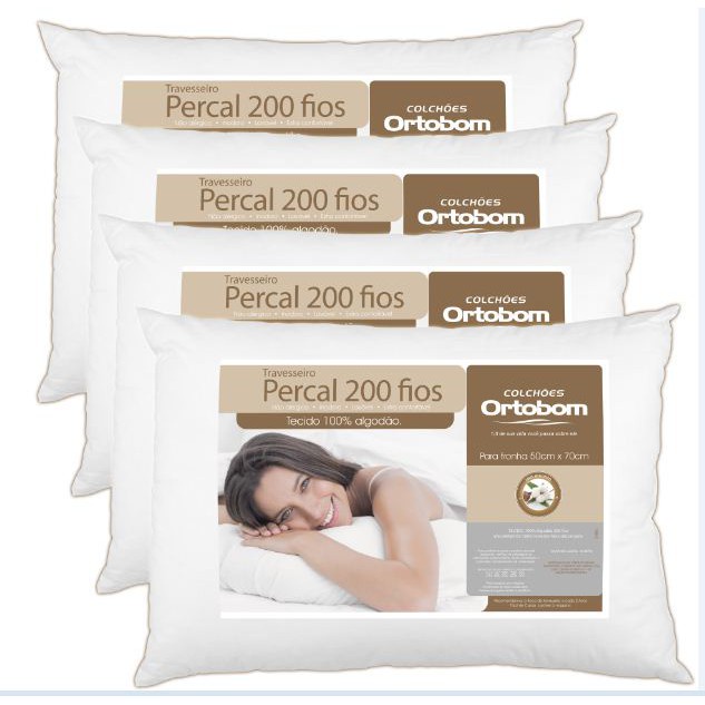 Kit 4 Travesseiros Premium Ortobom 200 Fios Percal 100% Algodão