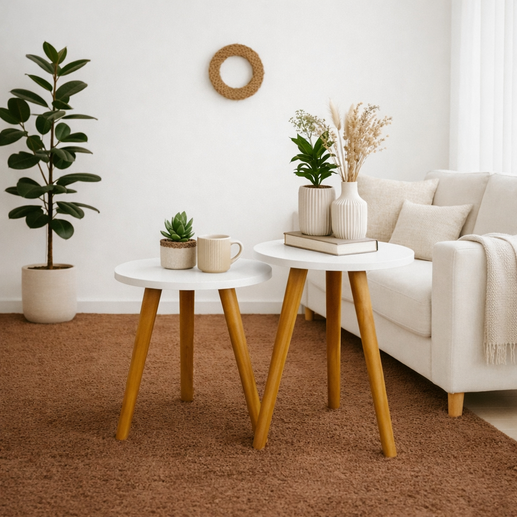 Conjunto de Mesinhas Canto E Apoio Pe Palito Madeira Tripe Porta Quadros E Objetos MDF Branco