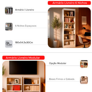 Estante Livreiro Bipartido 1,80m Multiuso 6 Nichos Sala Escritório