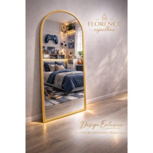 Espelho Verona Oval Base Reta Corpo Inteiro Com Moldura em Couro Premium 120x50 Sala Quarto - Dourado