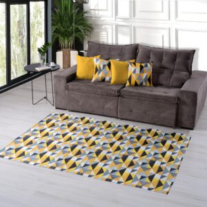 KIT TAPETE SALA QUARTO GEOMETRICO 1M X 1,40M + 04 CAPAS GORGURINHO 45CMX45CM JOGO COMPLETO - AMARELO ABSTRATO