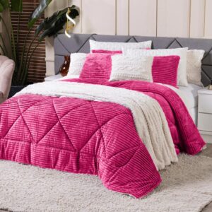 Kit Coberdrom KING 03 Peças Edredom Cobertor Dupla Face Canelado Denver Manta Quente com Fronhas - Pink