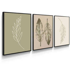 Kit 3 Quadros Decorativo Folha Verde Desenho Minimalista Neutro Natural Simples Com Moldura - Preto