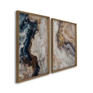 Quadro Abstrato Mármore Azul e Dourado 2 Telas (Díptico) | Decoração Luxo Sala - Madeira sem vidro 50x75