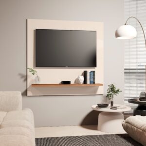 Painel Televisão Suspenso 32 Polegada Quarto Nicho Rack Retro - Off White/Freijó