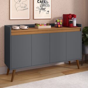 *Aparador Buffet Cantinho Café Sala Jantar Cozinha 4 Portas Puxador Embutido Prateleira Interna K7 - Lívia 4 Cinza Com Freijó