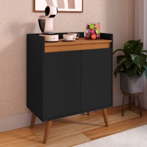 *Aparador Buffet Cantinho Café Sala Jantar Cozinha 4 Portas Puxador Embutido Prateleira Interna K7 - Lívia 2 Preto Com Freijó