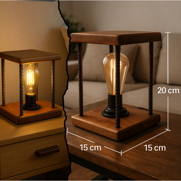 Abajur de Madeira Rústico Industrial de Mesa Bivolt – Decoração Exclusiva com Estilo Retrô