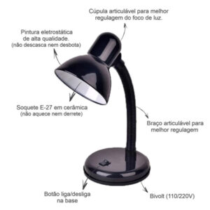 Luminária De Mesa Abajur Flexível Articulável Leitura Bivolt